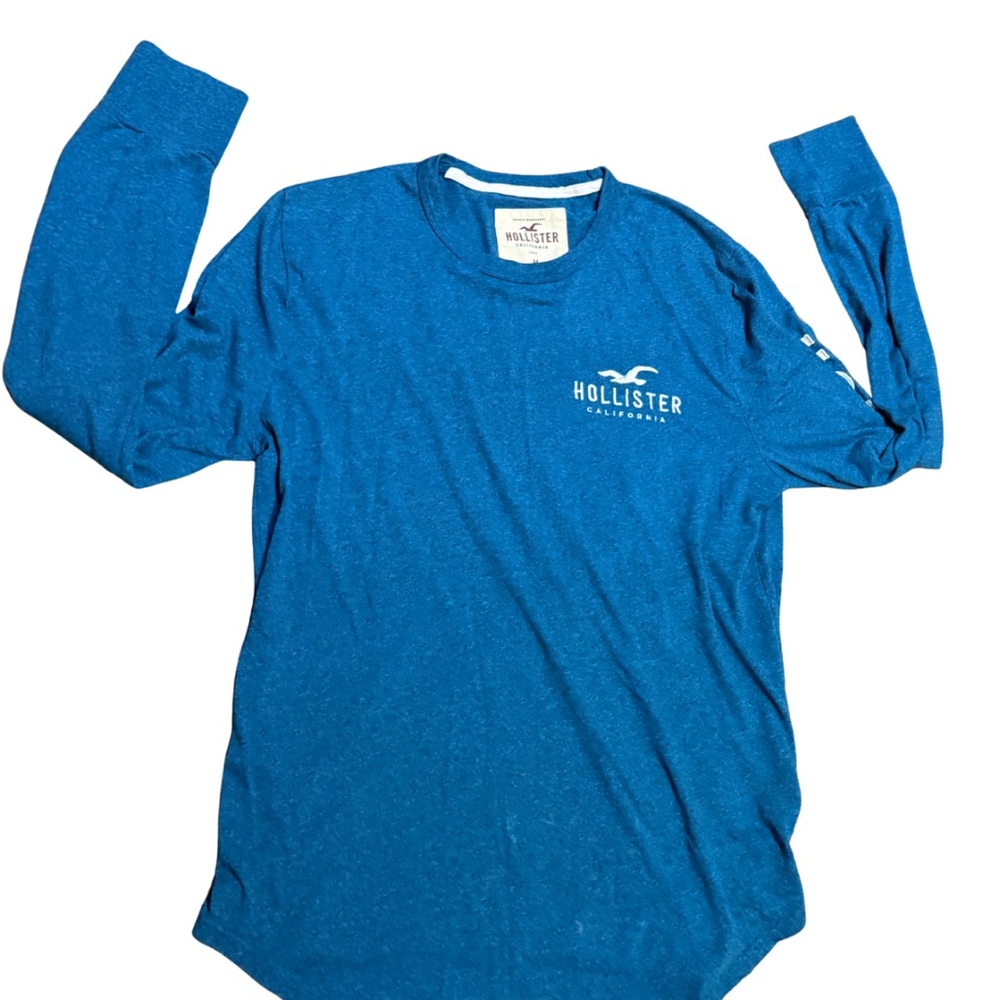 Hollister Mens Long Sleeve Shirt Medium Heathered Blue Logo Cotton Blend Tee‎